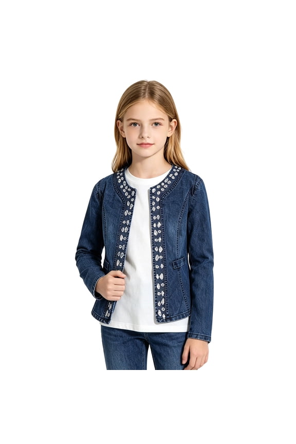 Teen Big Girls Pearls Denim Jacket Cropped Rhinestones Jean Blazer Coat Long Sleeve Collarless Rivet Short Denim Coat with Pockets