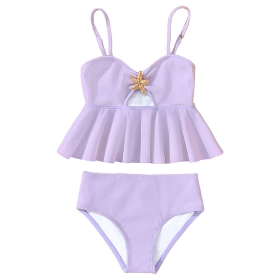 Teen Bikini Sets Girl's Cute Two Piece Bikini Sets Ruffle Peplum Shell High Waisted Ribbed Swimsuit Textured Kids Tankini