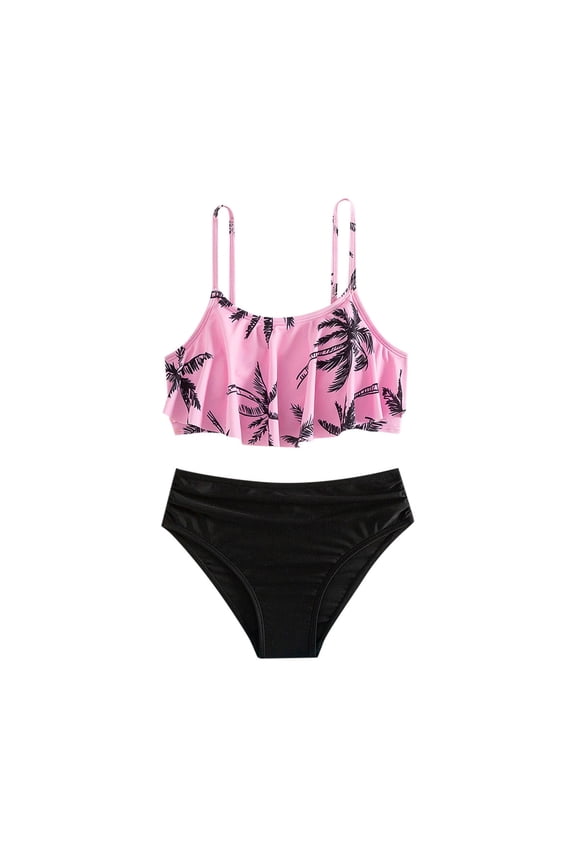 Teen Bikini Sets Girls Two Piece Swimsuit Bow Printed Bikini Set Adjustable Straps Swimwear High Waisted Bottom Bathing Suits