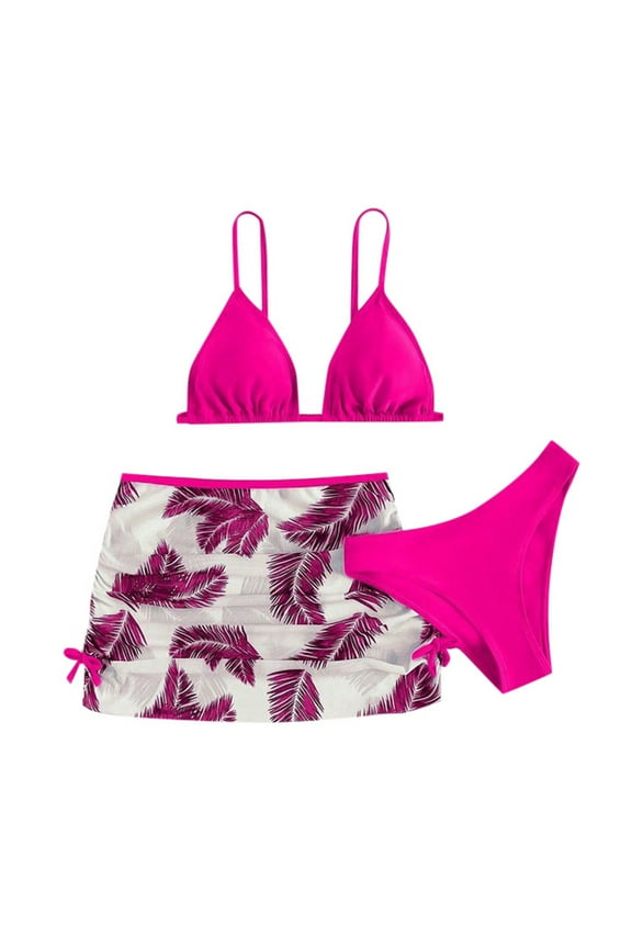 Teen Bikinis for Girls 14-16 V Neck Spaghetti Strap Wireless Triangle Bathing Suits for Girls Lightweight Beach Surf Tankini Swimwear Set Beachwear,A-Hot Pink,140(6-8 Years)