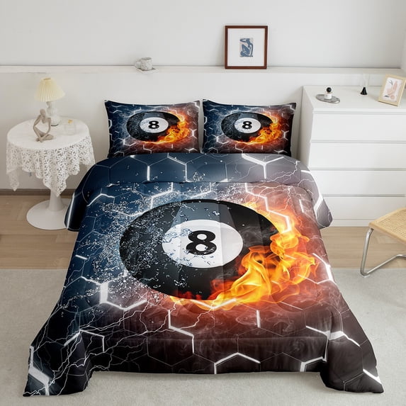 Teen Billiards Comforter Set Queen Size, Gradient Hexagon Bedding Set Adult Bedroom Decor, Geometric Honeycomb Duvet Insert Ice And Fire Sports Games Quilt Billiards Gift For Men