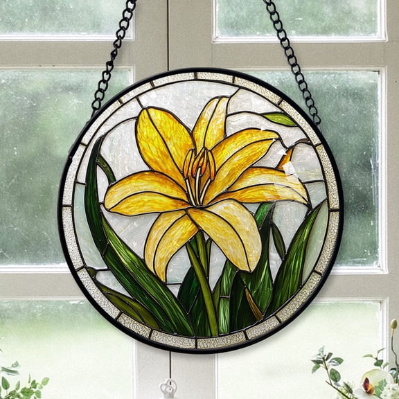 Teen Boy Christmas Gift - Yellow Lily Flower Xmas Stained Glass Hanging Ornament - Midnight Blue Winter Holiday Tree Decoration, Gift for Family, Mom & Dad, Friends
