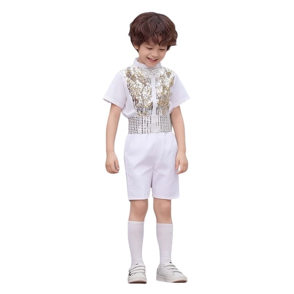 Teen Boy Dance Costume Sparkly Dance Costume Short Sleeve Top and Pants Set 90s Outfits for Kids Street Dance Outerwear 11-12 Years