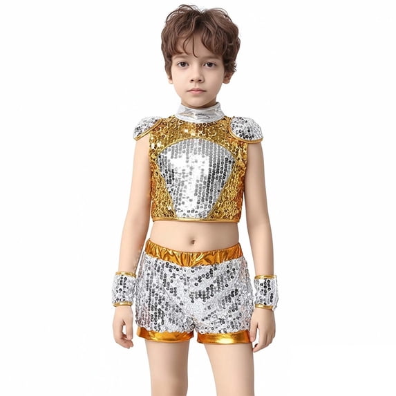 Boy Dance Sparkly Dance Sleeveless Top and Pants Outfit Set 90s Clothing for Kids Stage Performance Outerwear 11-12 Years