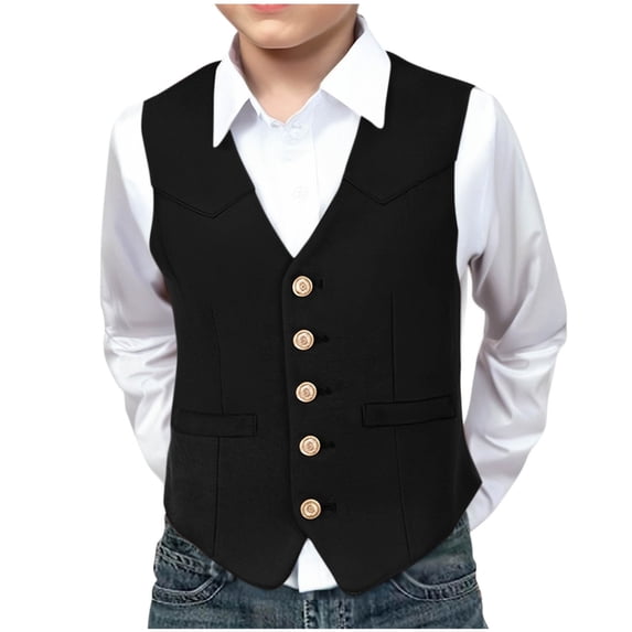 Teen Boy Faux Suede Leather Vest Cowboy Western Vest Slim Fit Sleeveless V Neck Waistcoat Casual Business Black 5 Years