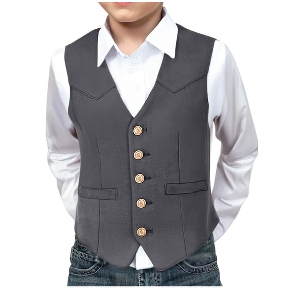 Teen Boy Faux Suede Leather Vest Cowboy Western Vest Slim Fit Sleeveless V Neck Waistcoat Casual Business Gray 9 Years