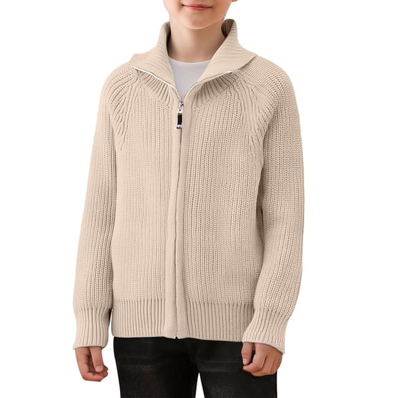 Teen Boy Full Zipper Cardigan Casual Stand Collar Cardigan Sweater Ribbed Knit Long Sleeve Sweater Hiking Traveling Beige 5 Years