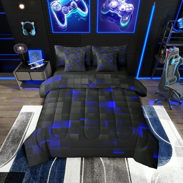 Teen Geometric Bedding 7 Pcs Twin Black Navy Royal Blue Comforter Set With Sheets Men,Neon Abstract Stereoscopic Check Grid Bed in a bag Square Plaid Bed Set