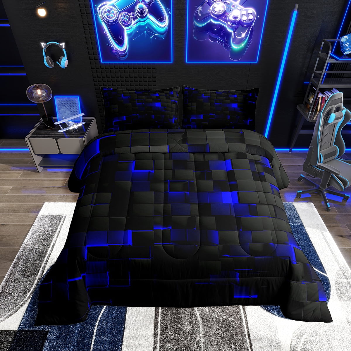 Teen Geometric Bedding Twin Black Navy Royal Blue Comforter Set Men,Neon  Abstract Stereoscopic Check Grid Comforter Square Plaid Bed Duvet Sets 3D  Modern Room Decor - Walmart.com, image size:1200x1200