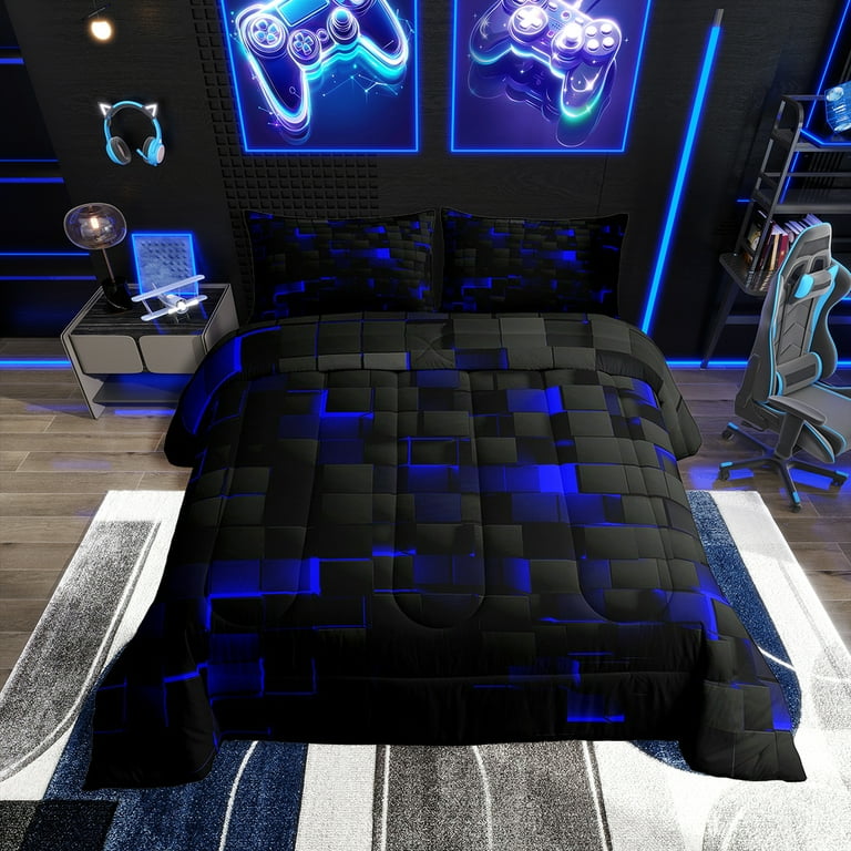 Teen Geometric Bedding Twin Black Navy Royal Blue Comforter Set