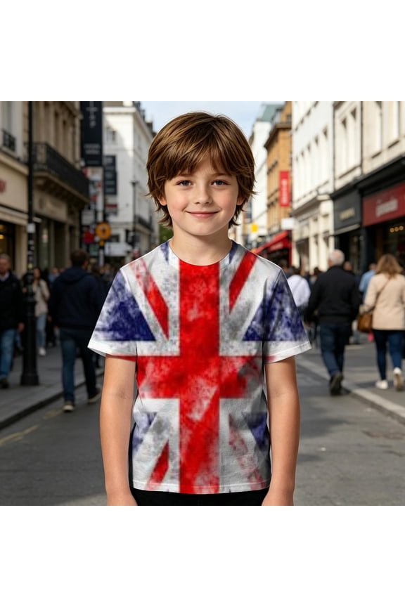 Teen Boy Shirts Kids Union Jack Print Short Sleeve Crew Neck Tee Stretchy Classic Fit for Multi Occasion Wear Toddler Boys Clothes
