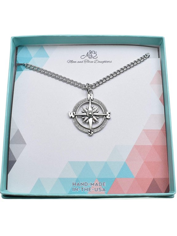 Antique Silver Pewter Compass Necklace, 22" Steel Chain, (Men)