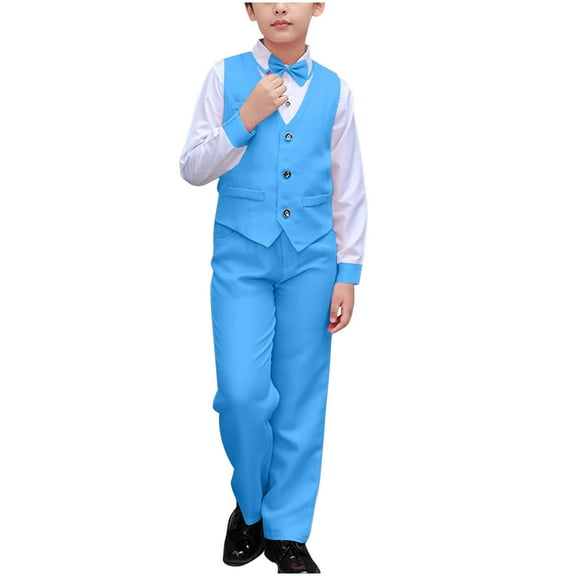 Teen Boys 4-Piece Formal Suit Set Dresswear Slim Fit Vest Shirt Pants Wedding Communion Tuxedo Suit with Bowtie 3-4 Years, Sky Blue