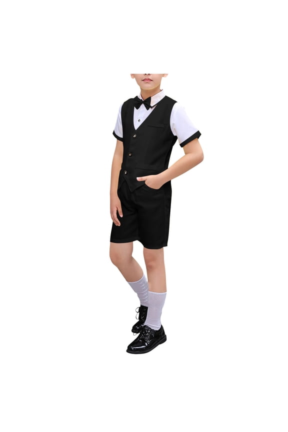 Teen Boys 4-Piece Formal Suit Set Dresswear Slim Fit Vest Shirt Shorts Wedding Communion Tuxedo Suit with Bowtie 5-6 Years, Black