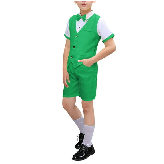 Teen Boys 4-Piece Formal Suit Set Dresswear Slim Fit Vest Shirt Shorts Wedding Communion Tuxedo Suit with Bowtie 7-8 Years, Green