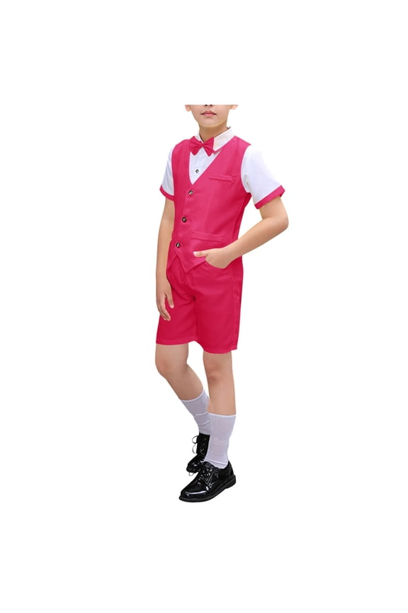 Teen Boys 4-Piece Formal Suit Set Dresswear Slim Fit Vest Shirt Shorts Wedding Communion Tuxedo Suit with Bowtie 7-8 Years, Hot Pink