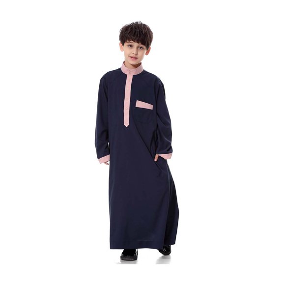 Teen Boys Arabic Thobe Long Sleeve Button Blue Long Thobe Ramadan Outfit Boy Clothes 13-14 Years