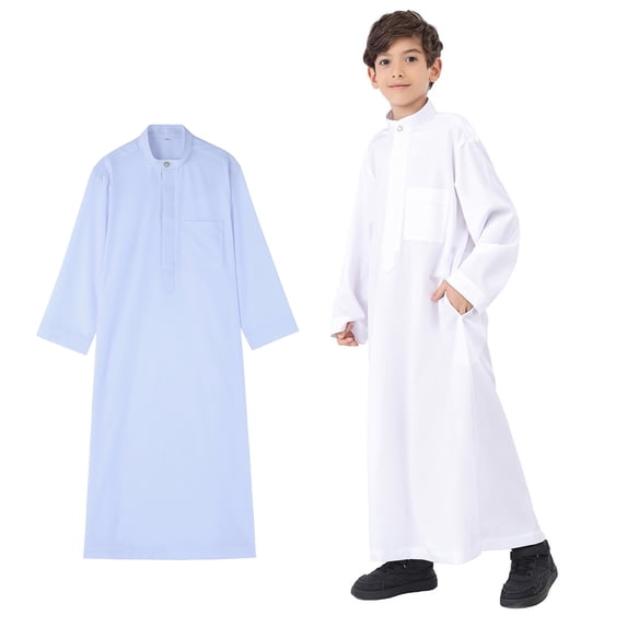 Teen Boys Arabic Thobe Long Sleeve Zipper White Long Thobe Muslim Prayer Boy Shirts Size 13-14 Years