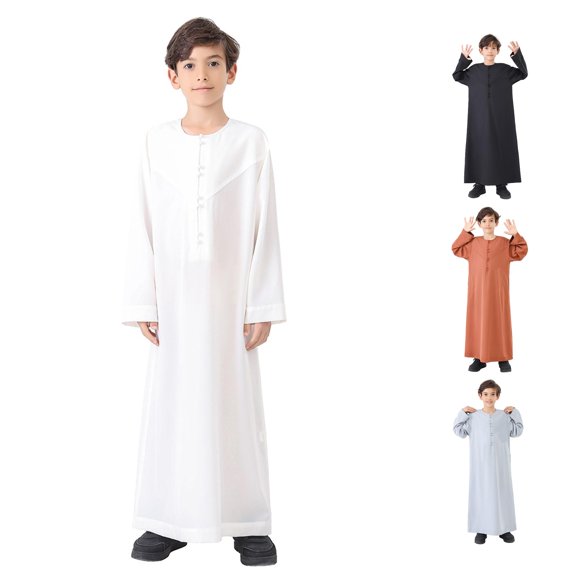Teen Boys' Arabic Thobe Muslim Long-Sleeve Embroidered Kaftan Robe Set