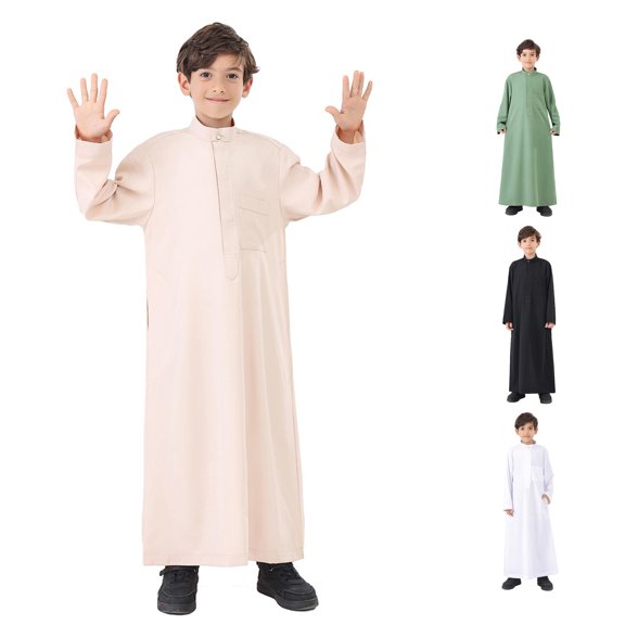 Teen Boys' Arabic Thobe Muslim Long-Sleeve Embroidered Kaftan Robe Set