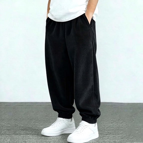 Teen Boys Baggy Corduroy Sweatpants Casual Joggers with Side Pockets Elastic Waist Drawstring Relaxed Fit Warm Lounge Trousers for Winter Fall Streetwear