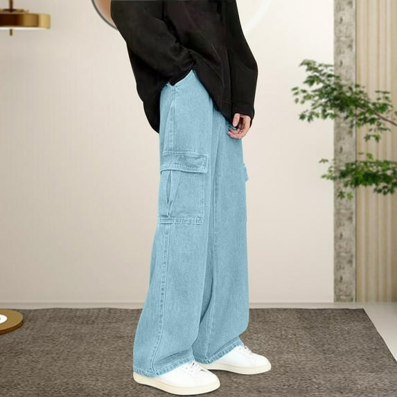 Teen Boys Baggy Jeans Vintage Straight Leg Denim Cargo Pants with Pockets Light Blue XXL