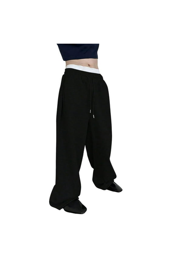 Teen Boys Baggy Sweatpants with Elastic Drawstring Waist - Y2K Loose Wide Leg Track Pants, Yoga & Gym Activewear with Pockets Black L
