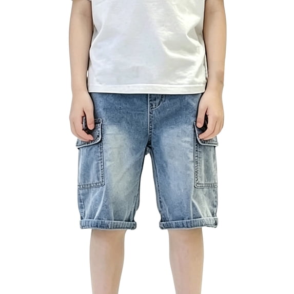 Teen Boys Cargo Denim Shorts Wide Leg Pull on Jorts Summer Oversized Y2k Streetwear Clothing Kids Cotton Jeans with Pockets