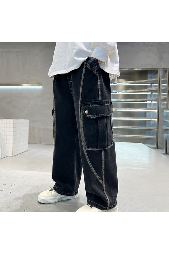 Teen Boys Cargo Jeans Relaxed Fit Multi-Pockets Denim Joggers Straight Leg Pants for School Hip Hop Streetwear, 4T-15Y
