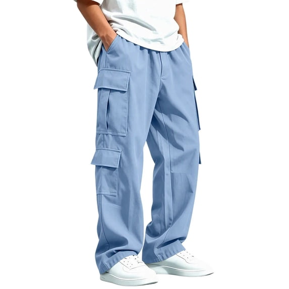 Teen Boys Cargo Pants Relaxed Fit Lightweight Casual Trousers with Multi Flap Pockets Elastic Waist Baggy Tactical Pants for Hiking Work Outdoor Streetwear Straight Leg