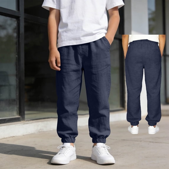Boys Casual Cotton And Linen Pants Lightweight And Breathable Summer Loose Fit Elastic Waistband Suitable For Plus-Size Blue Casual Pants Size 14-15 Years Suitable For Casual Wear