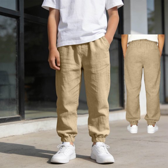 Boys Casual Cotton And Linen Pants Lightweight And Breathable Summer Loose Fit Elastic Waistband Suitable For Plus-Size Brown Casual Pants Size 14-15 Years Suitable For Casual Wear