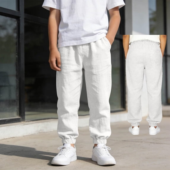 Boys Casual Cotton And Linen Pants Lightweight And Breathable Summer Loose Fit Elastic Waistband Suitable For Plus-Size White Casual Pants Size 11-12 Years Suitable For Casual Wear