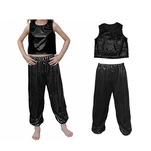Teen Boys Dance Sequin Black Dance Sleeveless Tank Top and Pants Outfit Set Dance Wear for Girls Street Dance Outerwear 10-11 Years