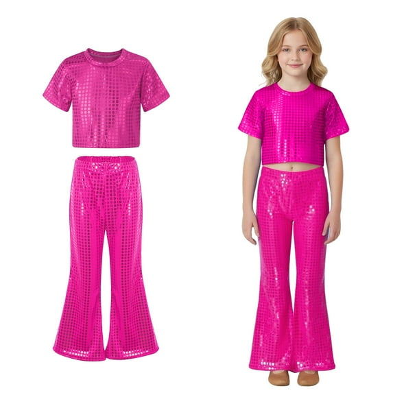 Teen Boys Dance Sparkly Pink Dance Short Sleeve Top and Flared Pants Two Piece Set 90 S Outfits for Kids Stage Performance Outerwear 14-16 Years