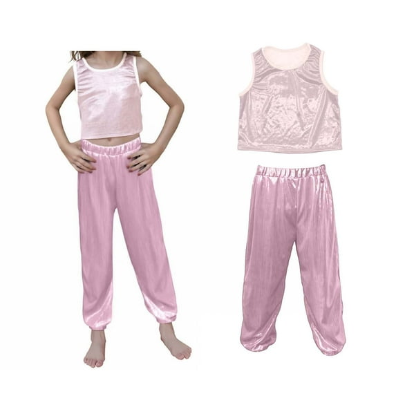 Teen Boys Dance Sequin Pink Dance Sleeveless Tank Top and Pants Outfit Set Girls Disco Street Dance Outerwear 10-11 Years