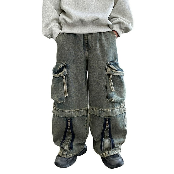Teen Boys Denim Pants Baggy Cargo Pants High Waisted Wide Leg with Pocket Classic Fit Pull-On 13-14 Years Boy Clothes