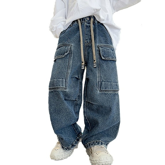 Teen Boys Denim Pants Baggy Cargo Pants High Waisted Wide Leg with Pocket Classic Fit Pull On Boys Toddler Clothes 13-14 Years