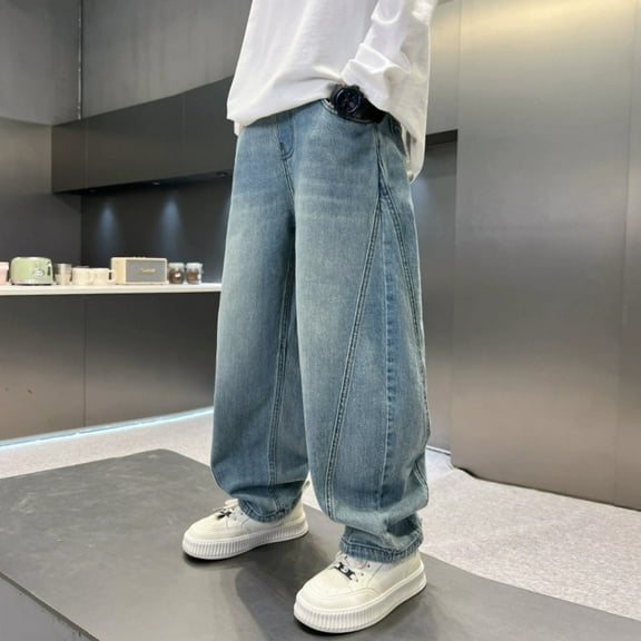 Teen Boys Denim Pants Baggy Cargo Pants Straight Waist Casual with Pocket Loose Fit Pull-On 10-11 Years Boy Clothes