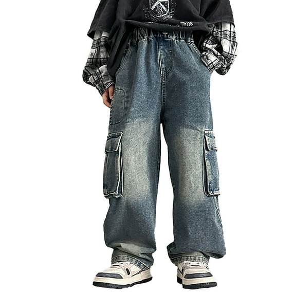 Teen Boys Denim Pants Baggy Cargo Pants Stretch Elastic Waist with Pocket Loose Fit Pull On Boys Soccer Shorts 13-14 Years