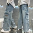 thumbnail image 1 of Teen Boys Denim Pants Cargo Jogger Pants Elastic Waist Straight with Pocket Classic Fit Casual 11-12 Years Shorts Boys, 1 of 7