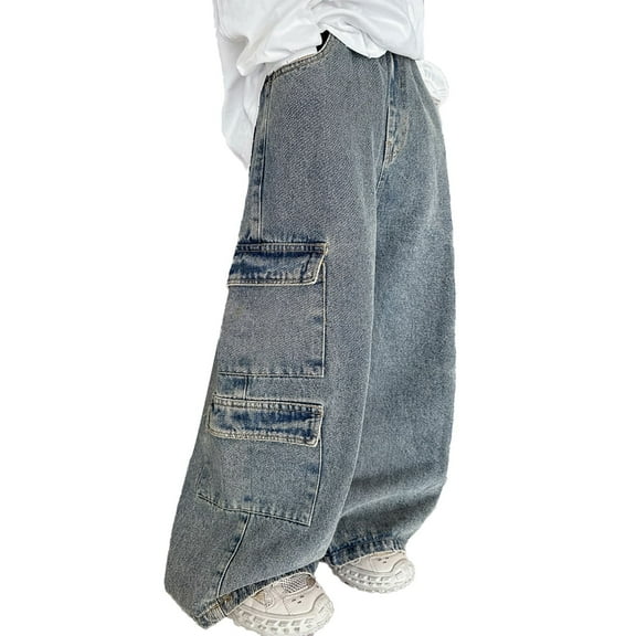 Teen Boys Denim Pants Cargo Joggers Straight Waist Casual with Pocket Loose Fit Pull-On Baby Boy Essentials 13-14 Years
