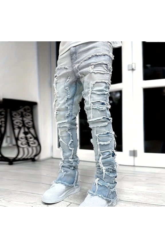 Teen Boys Distressed Stacked Jeans Multi-Layer Ripped Denim Pants Skinny Fit Hip Hop Streetwear Trousers, 6Y-13Y