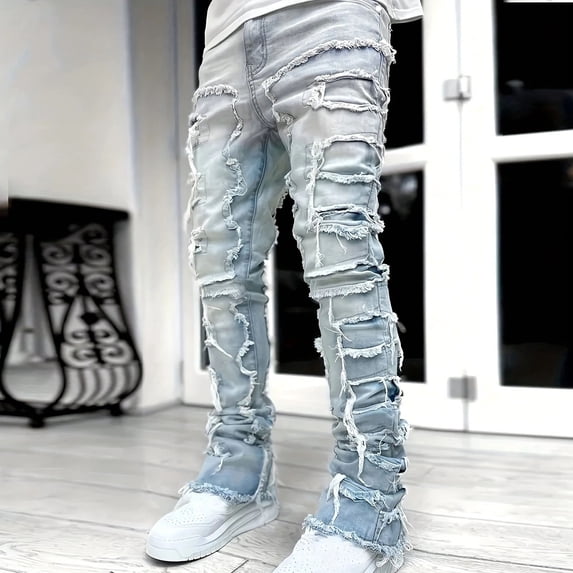 Teen Boys Distressed Stacked Jeans Multi-Layer Ripped Denim Pants Skinny Fit Hip Hop Streetwear Trousers, 6Y-13Y