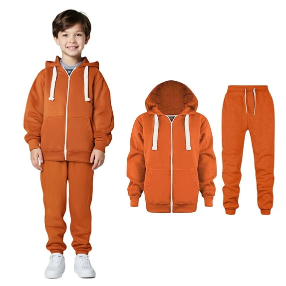 Teen Boys Girls Active Sweatsuit 2PC Long Sleeve Zip up Orange Soft Hoodie Sweatpants Set Warm Fall Winter Clothes Girls Matching Sets 11-12 Years Kids Clothing