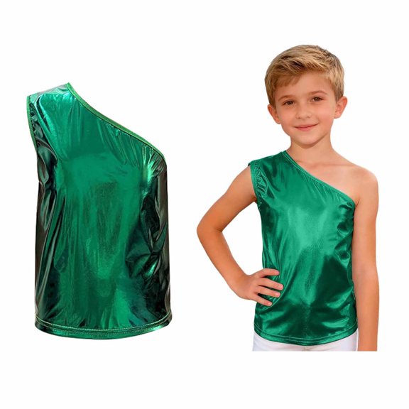 Teen Boys Girls Off Shoulder Vest Sleeveless Metallic Sparkle Shiny Y2K Top Jazz Ballet Dance Party 17-18 Years