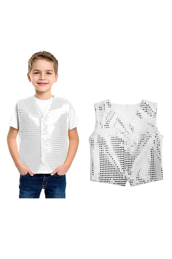 Teen Boys Girls Sequins Vest Sleeveless Button Down Jacket Vest for Jazz Ballet Party Performance 13-14 Years
