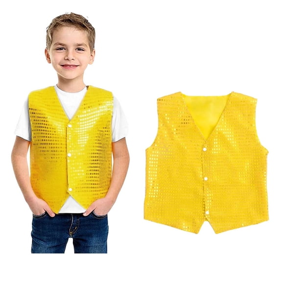 Teen Boys Girls Sequins Waistcoat Sleeveless Button Jacket Vest for Cheer Jazz Stage Performance 13-14 Years