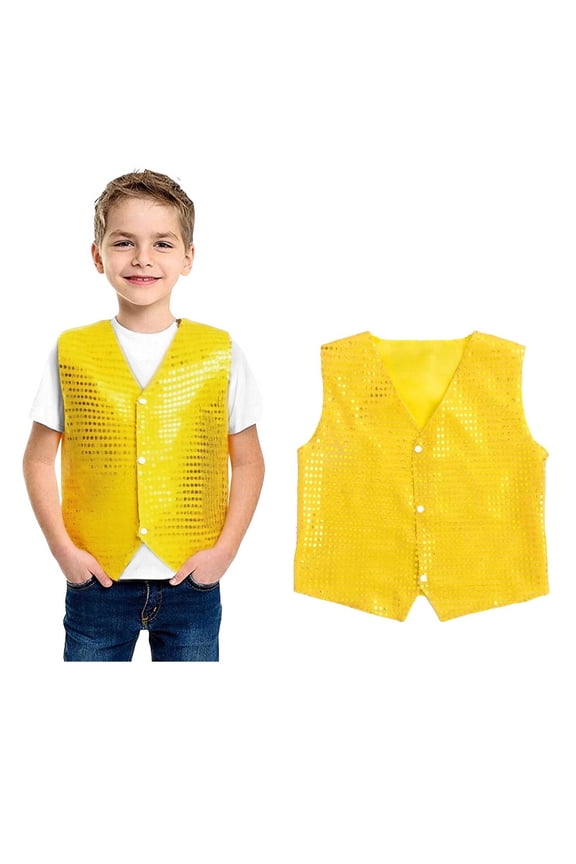Teen Boys Girls Sequins Waistcoat Sleeveless Button Jacket Vest for Cheer Jazz Stage Performance 13-14 Years