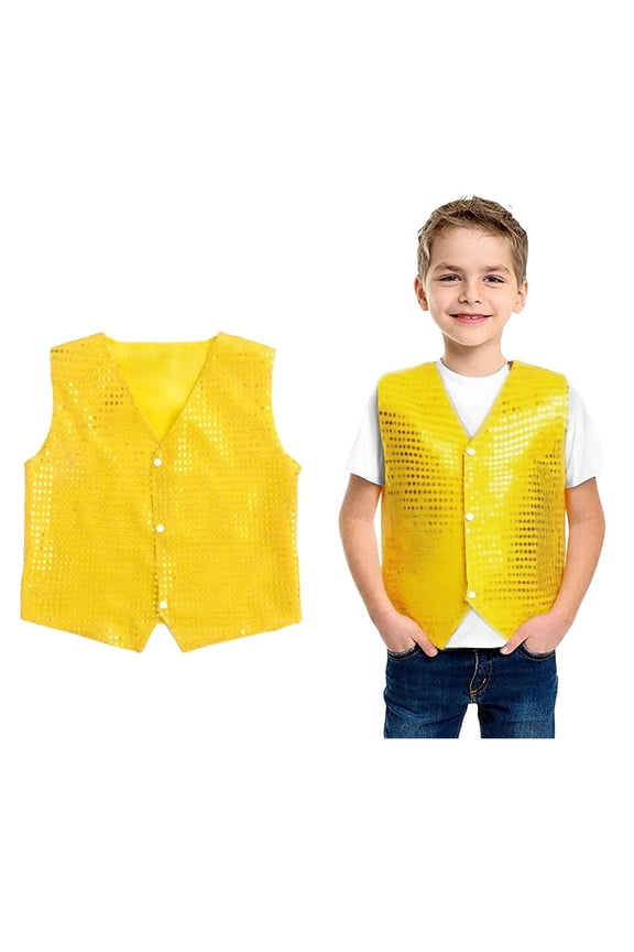 Boys Girls Sequins Waistcoat Sleeveless Button Vest Tops for Cheer Jazz Performance Party 13-14 Years